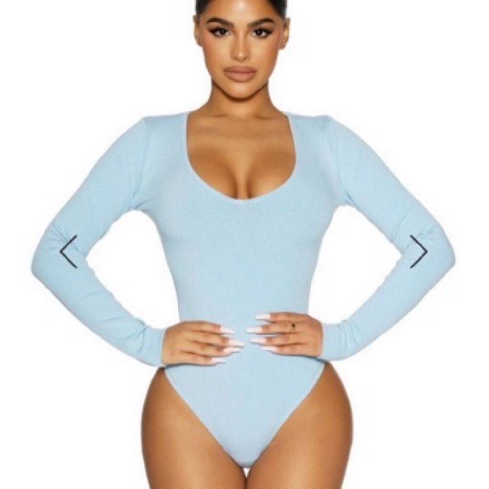 Naked Wardrobe Sky Blue Long Sleeve Bodysuit